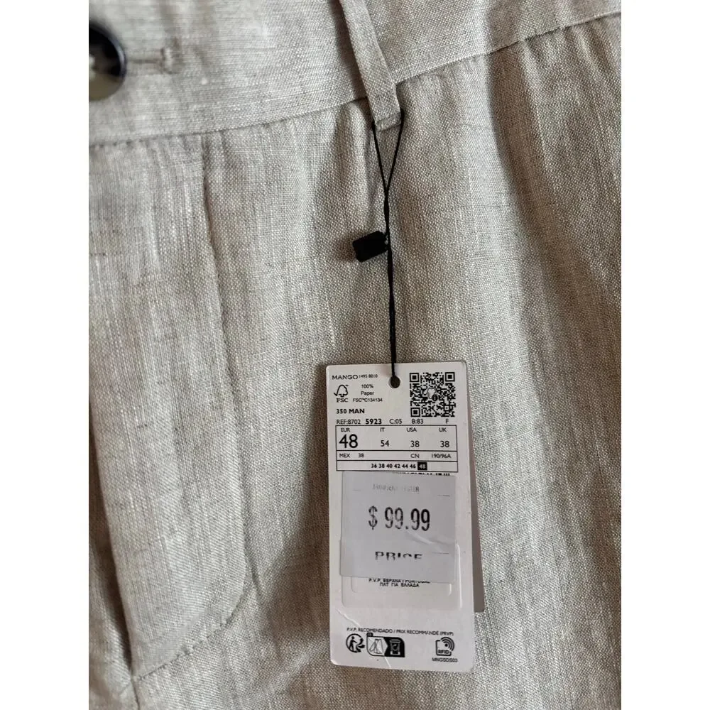 NWT Mango MNG Men’s 100% Linen Pants Slim Fit Pockets Off White Size 38